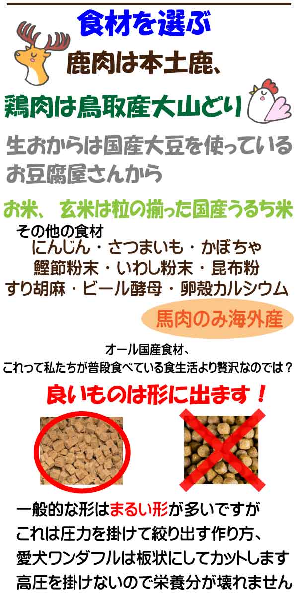 玄米、おから、にんじん、さつまいも、かぼちゃ、鰹節、いわし粉、昆布粉、すり胡麻とすべて国産材料、馬肉を除いた肉類も全て国産の人用の食材を使用しております。