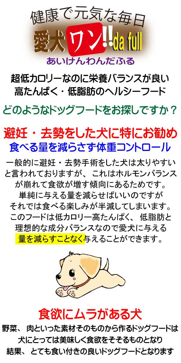 愛犬ワンダフル、超低カロリー、高たんぱく、低脂肪のヘルシーフード、低カロリーなのに栄養バランスが良いので避妊や去勢をした犬にお勧めいたします。食べる量を減らさずに体重コントロールできます